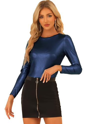 Allegra K Damen Bluse Metallic Langarm Party Rundhals Elegant Glitzer Club Oberteil Top Navy Blau XS von Allegra K