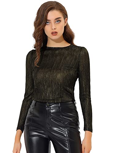 Allegra K Damen Bluse Metallic Langarm Party Rundhals Elegant Glitzer Club Oberteil Top Schwarz Glänzend S von Allegra K