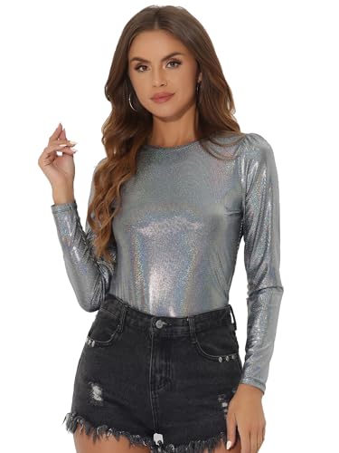 Allegra K Damen Bluse Metallic Langarm Party Rundhals Elegant Glitzer Club Oberteil Top Schwarz Mehrfarbig M von Allegra K