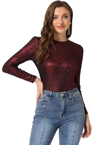 Allegra K Damen Bluse Metallic Langarm Party Rundhals Elegant Glitzer Club Oberteil Top Schwarz Rot XS von Allegra K