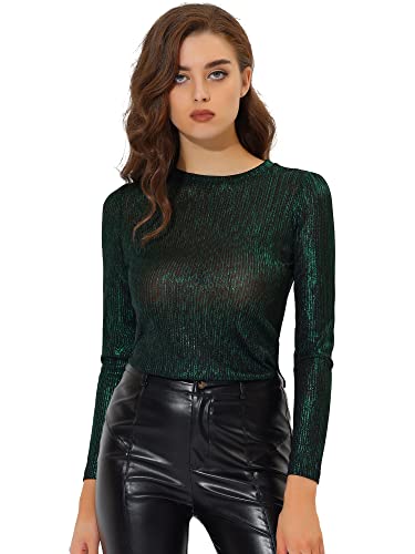 Allegra K Damen Bluse Metallic Langarm Party Rundhals Elegant Glitzer Club Oberteil Top Grün XL von Allegra K