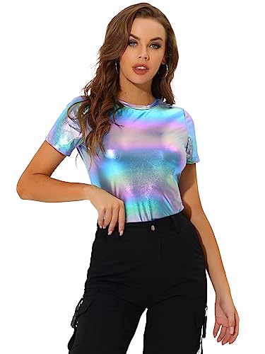 Allegra K Damen Sexy Metallic Party Top Outfit Festival Glitzer Kurzarm Rundhals T-Shirt Oberteil Bluse Blau XS von Allegra K