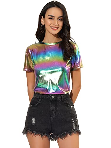 Allegra K Damen Sexy Metallic Party Top Outfit Festival Glitzer Kurzarm Rundhals T-Shirt Oberteil Bluse Bunt XS von Allegra K