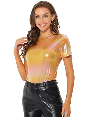 Allegra K Damen Sexy Metallic Party Top Outfit Festival Glitzer Kurzarm Rundhals T-Shirt Oberteil Bluse Rosa Orange L von Allegra K