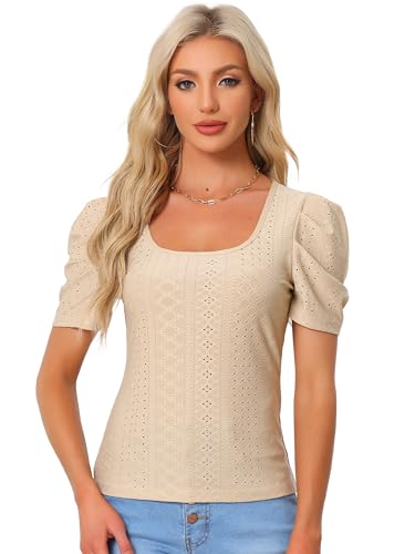 Allegra K Damen Bluse Puffärmeln Lässiges Business Elegant Blusen Oberteil mit Quadratischem Ausschnitt Khaki XS von Allegra K