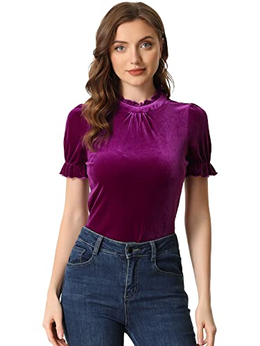 Allegra K Damen Bluse Samt Kurzarm Rüschenkragen Velvet Elegant Oberteile Dunkelrot M von Allegra K