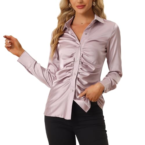 Allegra K Damen Bluse Satin Langarm Spitzer Kragen Modisch Hemd Hell-Pink M von Allegra K