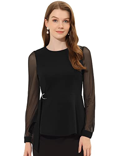 Allegra K Damen Durchsichtiges Oberteil Schößchen Mesh Langarm Rundhals Gürtel Rüschen Top Bluse Schwarz S von Allegra K