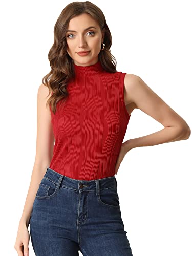 Allegra K Damen Ärmellos Rolli Bluse Stehkragen Jacquard Tanktop Gerippt Oberteil Rot S von Allegra K