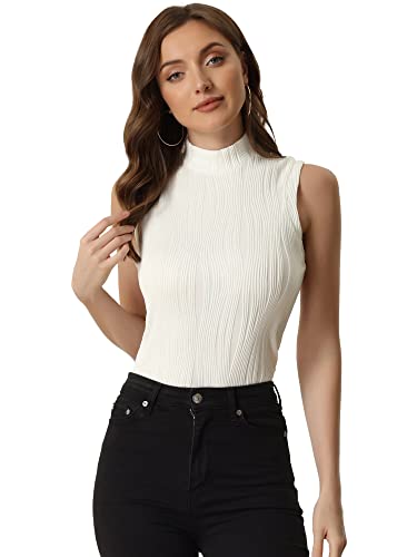 Allegra K Damen Ärmellos Rolli Bluse Stehkragen Jacquard Tanktop Gerippt Oberteil Weiß XL von Allegra K