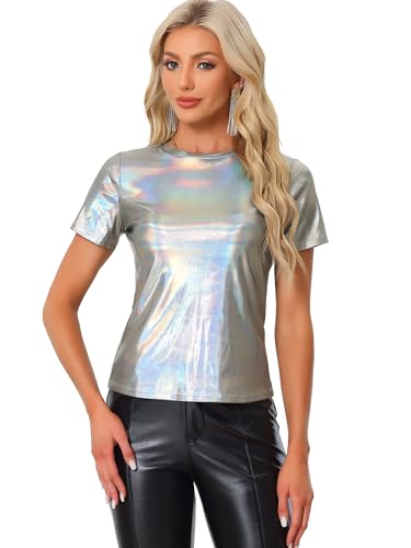 Allegra K Damen Sexy Metallic Party Top Outfit Festival Glitzer Kurzarm Rundhals T-Shirt Oberteil Bluse Glänzendes Silber XL von Allegra K