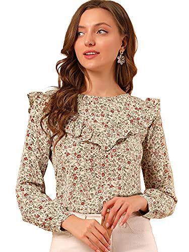 Allegra K Damen Langarm Rundhals Rüschen Blumendruck Top Bluse Beige M von Allegra K