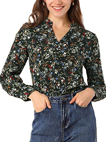 Allegra K Damen Bluse mit Knopfleiste und Stehkragen, V-Ausschnitt, lange Ärmel, Blumenmuster - Schwarz - Klein von Allegra K