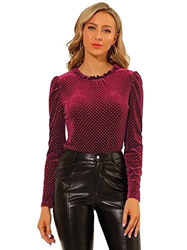 Allegra K Damen Bluse mit Rüschen Stehkragen Langarm Vintage Lässig Metallic Punkte Samttop Burgund M von Allegra K