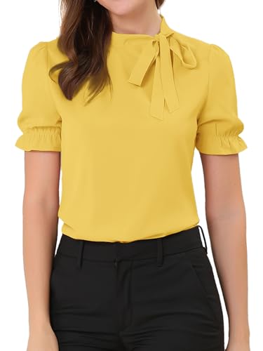 Allegra K Damen 50er Jahre Bluse mit Schleife Schluppenbluse Festliche Blusen Kurzarm Panel Fliege Hals Rüschen Elegant Top Gelb XS von Allegra K