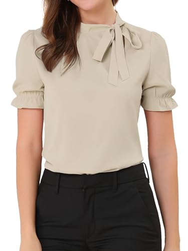 Allegra K Damen 50er Jahre Bluse mit Schleife Schluppenbluse Festliche Blusen Kurzarm Panel Fliege Hals Rüschen Elegant Top Hell Khaki XS von Allegra K