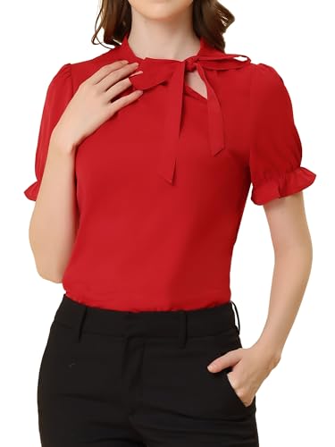 Allegra K Damen 50er Jahre Bluse mit Schleife Schluppenbluse Festliche Blusen Kurzarm Panel Fliege Hals Rüschen Elegant Top Rot XXL von Allegra K
