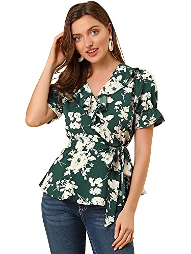 Allegra K Damen Kurzarm V Neck Bindegürtel Wickel Blumen Top Bluse Dunkelgrün S von Allegra K