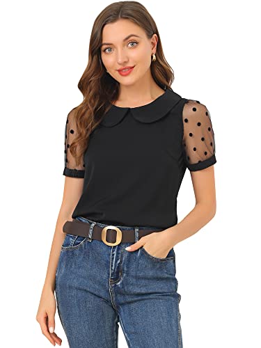 Allegra K Damen Blusen Polka Dots Bluse Vintage Peter Pan Kragen Top Kurzarm Tops für Frauen, Schwarz , 38 von Allegra K