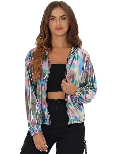 Allegra K Damen Bluson Langarm Metallic Jacke Holographic Party Reißverschluss Kapuzenjacke Multicolor-Quadrat L von Allegra K