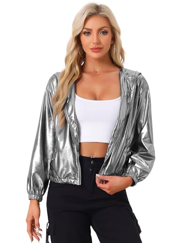 Allegra K Damen Bluson Langarm Metallic Jacke Holographic Party Reißverschluss Kapuzenjacke Schwarz Grau S von Allegra K