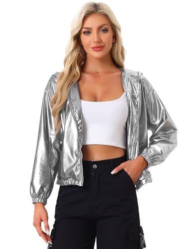 Allegra K Damen Bluson Langarm Metallic Jacke Holographic Party Reißverschluss Kapuzenjacke Dunkelsilber S von Allegra K