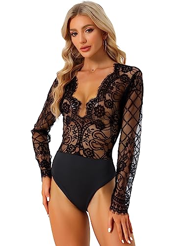 Allegra K Damen Body Tief V-Ausschnitt Spitze Clubwear Netz Durchsichtig Oberteil Schwarz XS von Allegra K