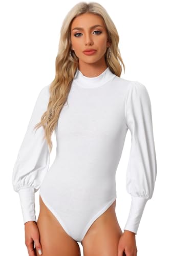 Allegra K Damen Body Top Langarm Stehkragen Puffärmel Bodysuits Leotard Weiß M von Allegra K