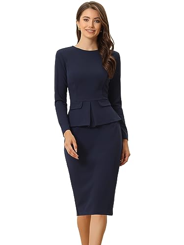 Allegra K Figurbetontes Bleistiftkleid für Damen, Rundhalsausschnitt, langärmelig, Schößchen, für Arbeit, Büro, Etuikleid, Marineblau, S von Allegra K