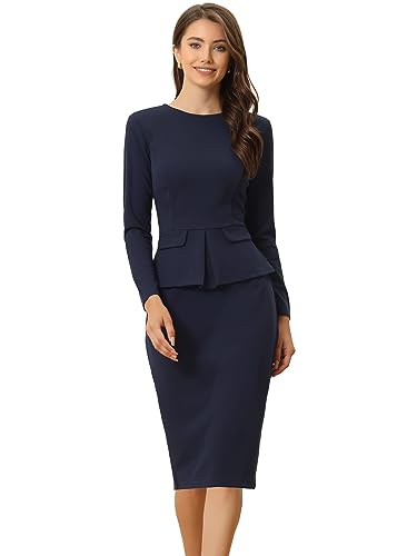 Allegra K Damen Bodycon Bleistift Kleid Rundhals Armband Ärmel Schößchen Tragen zu Arbeit Büro Etuikleid, Marineblau, X-Groß von Allegra K