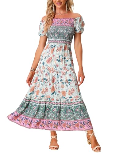Allegra K Damen Boho-Blumenkleid, gesmoktes Midikleid mit quadratischem Ausschnitt Hellblau S von Allegra K
