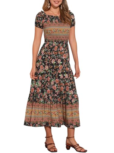 Allegra K Damen Boho-Blumenkleid, gesmoktes Midikleid mit quadratischem Ausschnitt Schwarz XL von Allegra K
