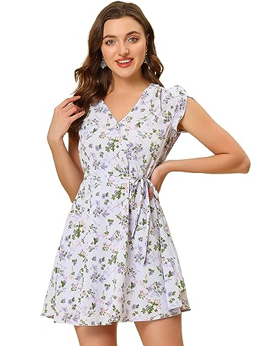 Allegra K Damen Boho Crossover V-Ausschnitt Blütenblatt Ärmel Gürtel Floral Flowy Kleid, Hellviolett-Blumenmuster, Mittel von Allegra K