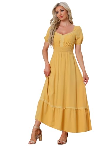 Allegra K Damen Boho Elegant Sommerkleid V-Ausschnitt Kurze Puffärmel Fließende Maxikleider Gelb L von Allegra K
