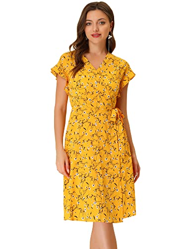 Allegra K Damen Boho Flatterärmel V-Ausschnitt Gürtel A-Linie Wrap Midi Floral Kleid, gelb, 42 von Allegra K