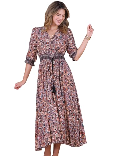 Allegra K Maxikleid für Damen, Boho, Blumenmuster, halbe Puffärmel, V-Ausschnitt, gesmokte Taille, Sommer, Strand, fließende Kleider, braun, L von Allegra K