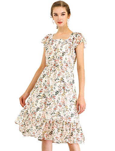 Allegra K Damen Boho-Kleid mit Flatterärmeln und Gürtel, quadratischer Ausschnitt, geraffter Saum - Weiß - 44 DE (L) von Allegra K
