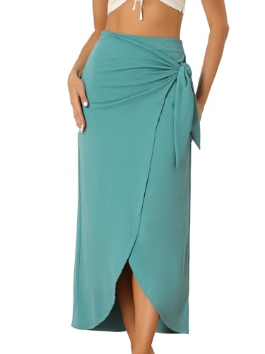 Allegra K Damen Boho Langrock Hohe Taille Sommer Strand Maxi Wickelröcke mit Schlitz Blau Grün L von Allegra K