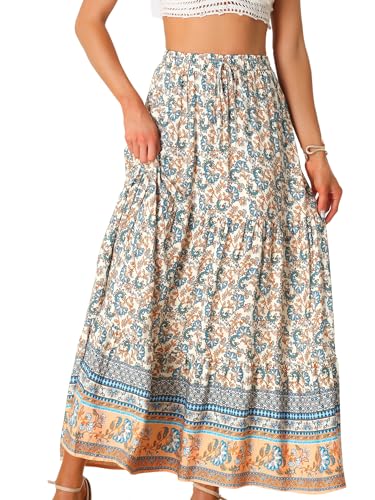 Allegra K Damen Boho Rock Lässig Bohemian Blumenmuster Plissee Elastische Taille Maxiröck Beige XS Allegra K Damen Boho Rock Lässig Bohemian Blumenmuster Plissee Elastische Taille Maxiröck Beige XS von Allegra K