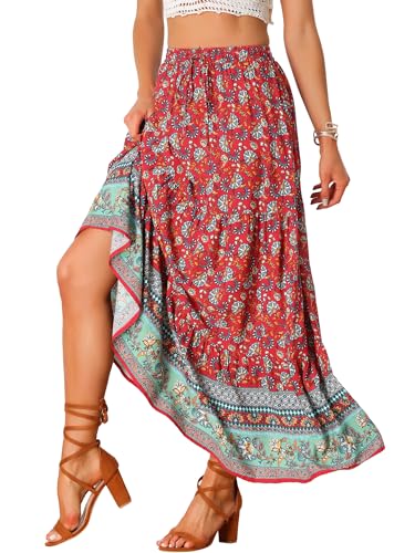 Allegra K Damen Boho Rock Lässig Bohemian Blumenmuster Plissee Elastische Taille Maxiröck Rot S von Allegra K