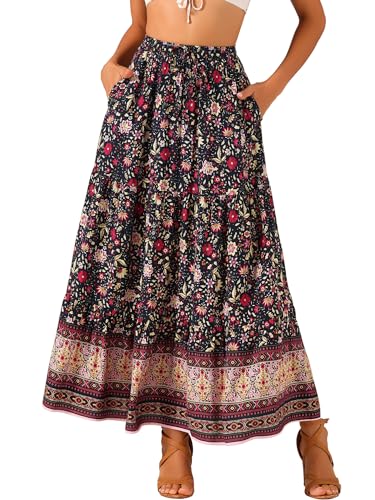 Allegra K Damen Boho Rock Lässig Bohemian Blumenmuster Plissee Elastische Taille Maxiröck Schwarz XL von Allegra K