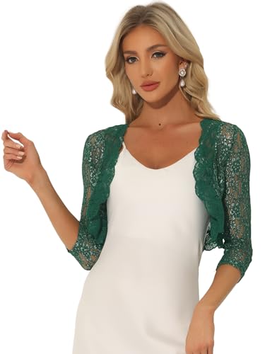 Allegra K Damen Bolero 3/4 Ärmel Hochzeit Elegant Sheer Floral Spitzen Shrug Strickjacke Dunkelgrün S von Allegra K