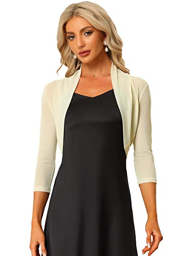 Allegra K Damen Bolero Festlich 3/4 Ärmel Rüschen Mesh Durchsichtig Crop Strickjacke Shrug Boleros Aprikose L von Allegra K