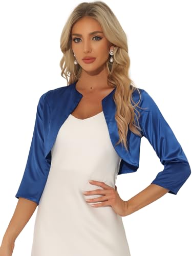 Allegra K Damen Bolero 3/4-Ärmel Rundhals Elegant Satin Shrug Crop Cardigan Blau L von Allegra K