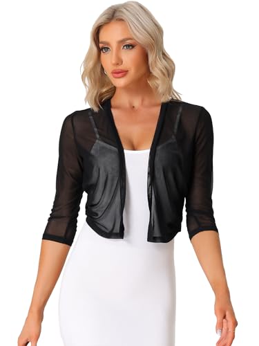 Allegra K Damen Bolero Chiffon Achselzucken, 3/4-Ärmel, Vorne Offener, Durchsichtiger Netzstoff Cardigan Schwarz L von Allegra K