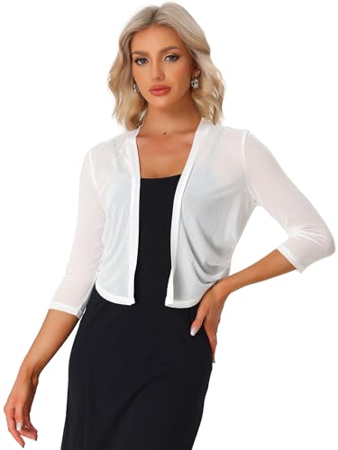 Allegra K Damen Bolero Chiffon Achselzucken, 3/4-Ärmel, Vorne Offener, Durchsichtiger Netzstoff Cardigan Weiß M von Allegra K