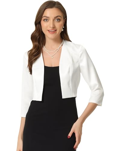 Allegra K Damen Bolero Elegante Achselzucken Oberteile 3/4-Ärmeln Offener Vorderseite Satin Cardigan Weiß S von Allegra K
