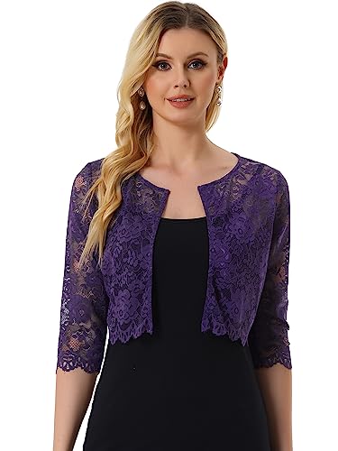 Allegra K Damen Bolero Festlich 3/4 Ärmel Durchsichtig Blumen Spitze Shrug Crop Cardigan Spitzebolero Lila XS von Allegra K