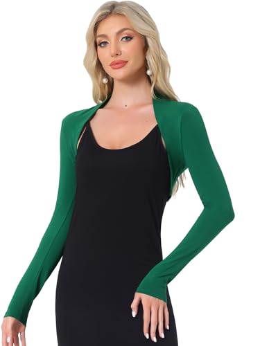 Allegra K Damen Bolero Langarm Festlich Crop Strick Jacke Einfarbig Baumwolle Elegant Schulterjacke Dunkel Grün M von Allegra K