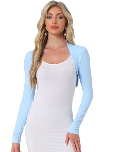 Allegra K Damen Bolero Langarm Festlich Crop Strick Jacke Einfarbig Baumwolle Elegant Schulterjacke Hell Blau M von Allegra K